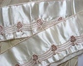 3 Yards 1980 Vintage Wide Floral Embroidered Satin Fabric Trim, Border, Edging, Cream w Ash Rose