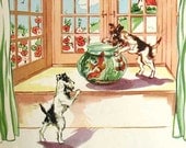 Pair of 1940 Vintage Terrier Dogs into Mischief Illustrations, Prints to Frame