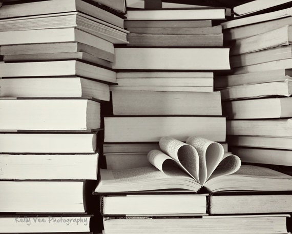 Two Heart Book Photograph Photo - love, couple, library, story, romantic, wedding, black and white - A Love Story II - 8 x 10 Fine Art Print