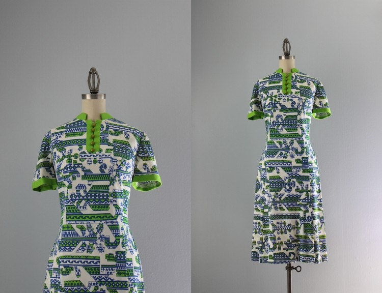 60s Dress / Vintage 1960s Dress / Linen Trimmed Geometric Sixties Dress