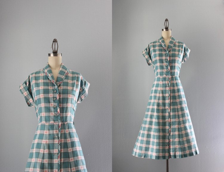 1950s Dress / Vintage Early 50s Summer Plaid Day Dress / 1940s Cotton Dress