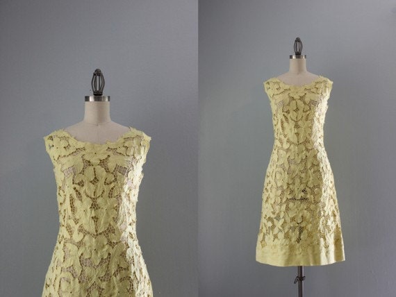 1960s Dress / Vintage 60s Linen Cutwork Dress / 60s Sheer Sunny Shift Dress