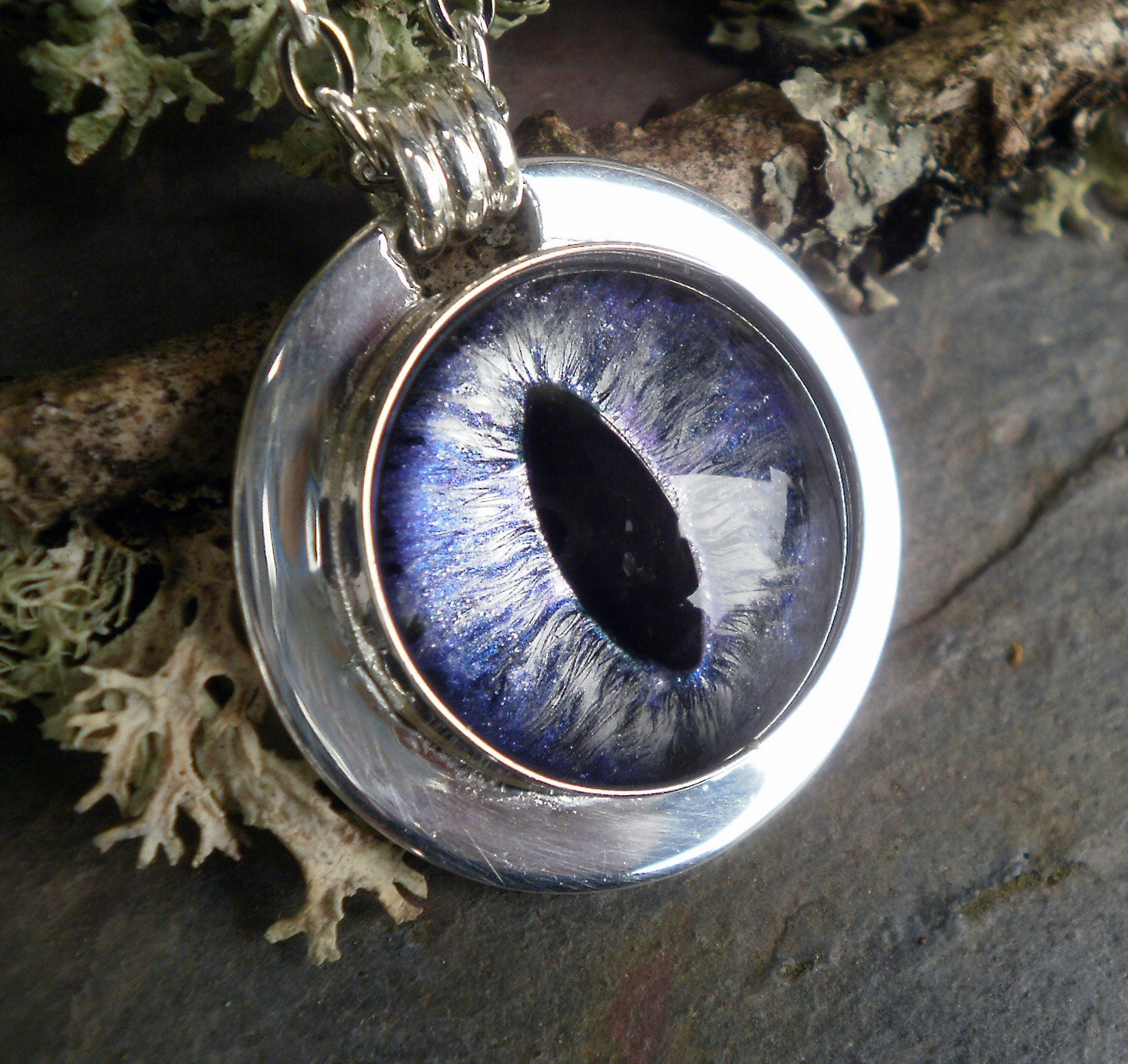 SOLD Gothic Steampunk Silver Plate Bezel Cat Evil Eye Pendant