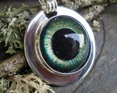 Gothic Steampunk Silver Plate Bezel Cat Evil Eye Pendant