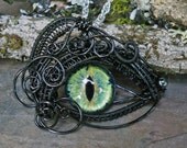 Gothic Steampunk Evil Cat Blue Green Eye Pendant in Black