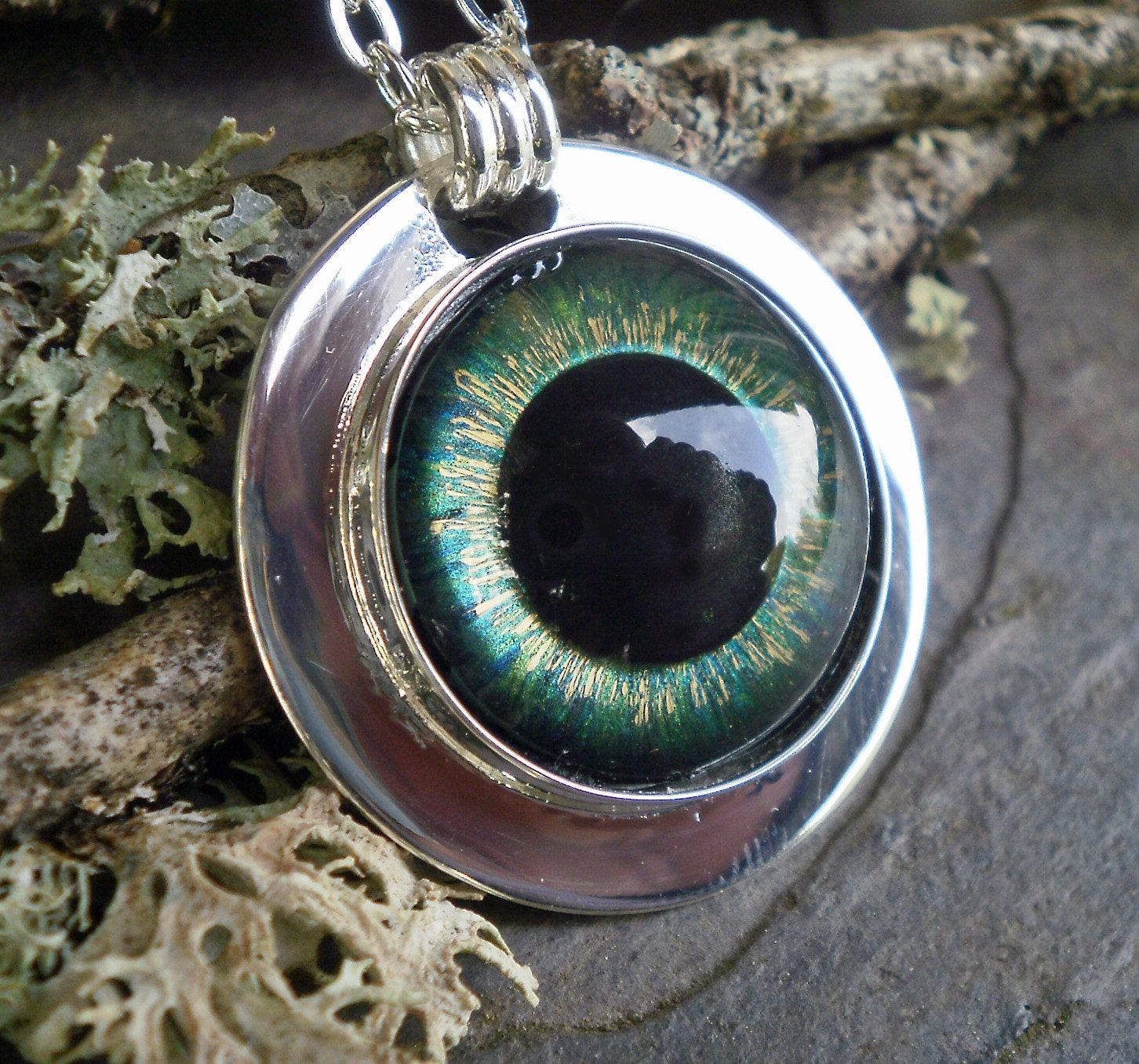 Gothic Steampunk Silver Plate Bezel Cat Evil Eye Pendant