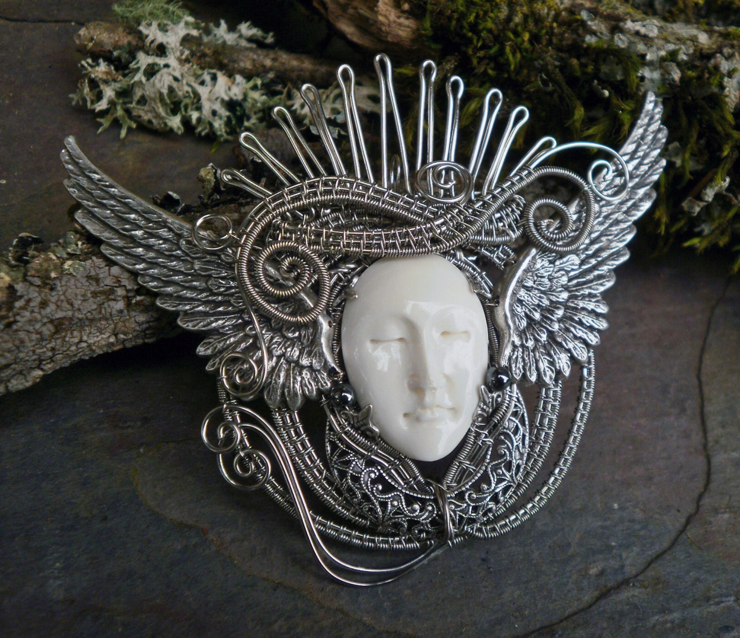 Queen of the Angels Carved Face with Wings Goddess