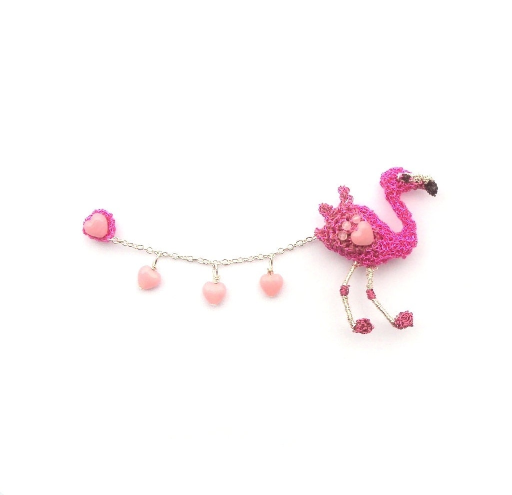 Pink flamingo double brooch with hearts, animal brooch