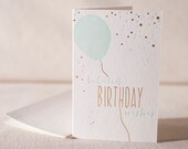 Letterpress & Foil Greeting Card - Belated Birthday Balloon. Bamboo paper, kraft paper envelope, CF4-119