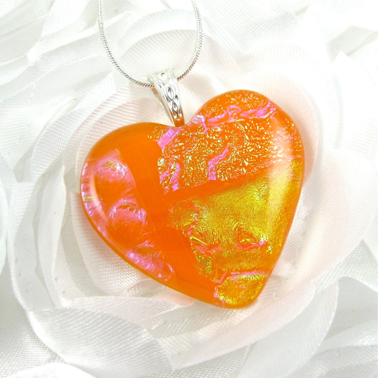Orange Dichroic Glass Heart Necklace Fused Glass Heart Pendant
