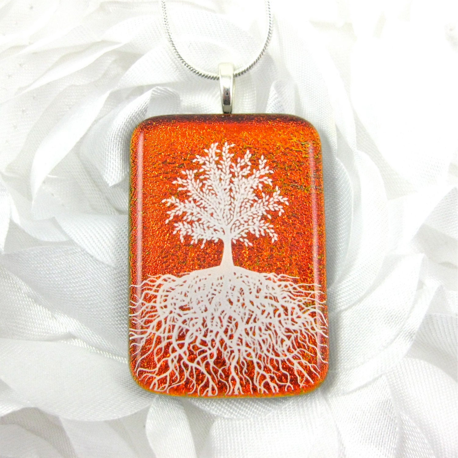Orange Dichroic Glass Tree of Life Pendant