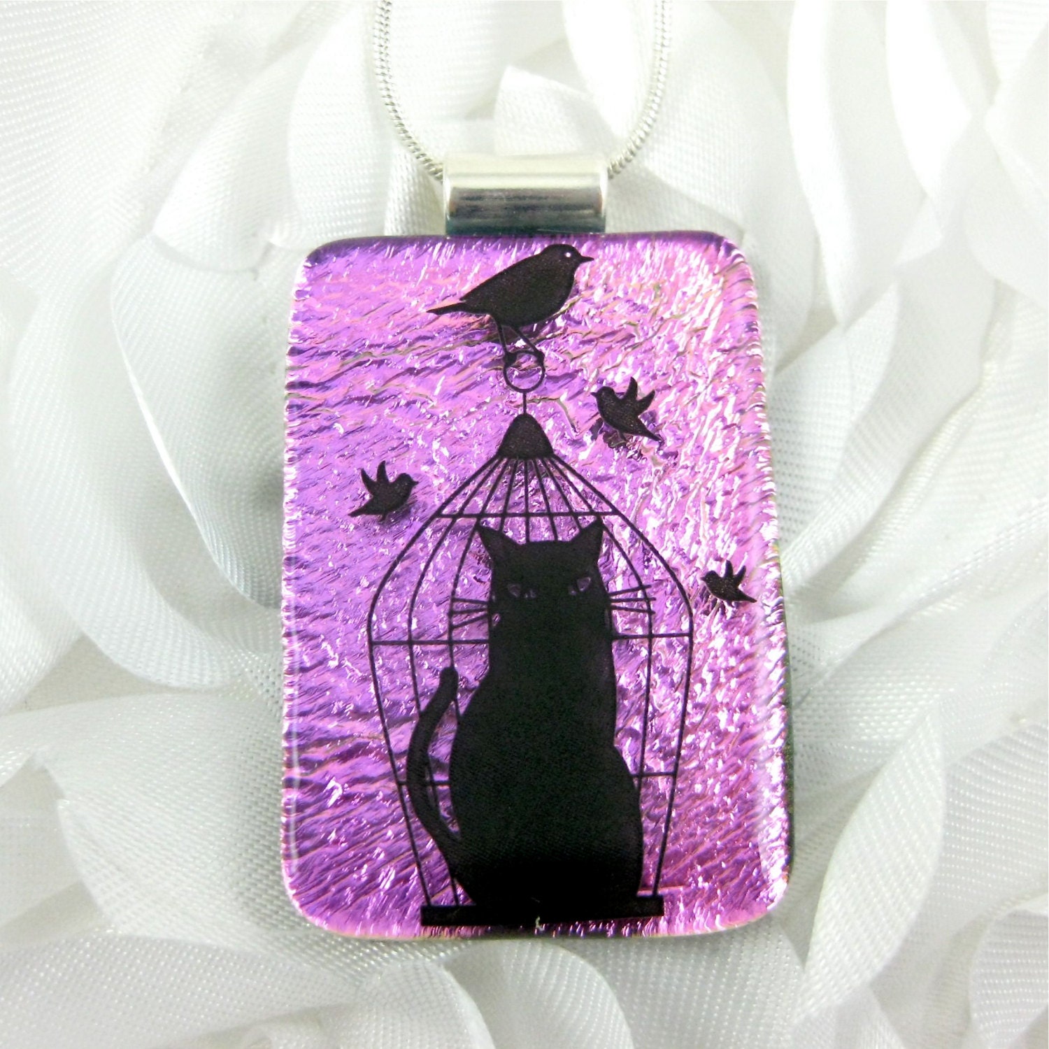 Cat in a Cage Dichroic Glass Necklace - Purple Fused Dichroic Glass Jewelry