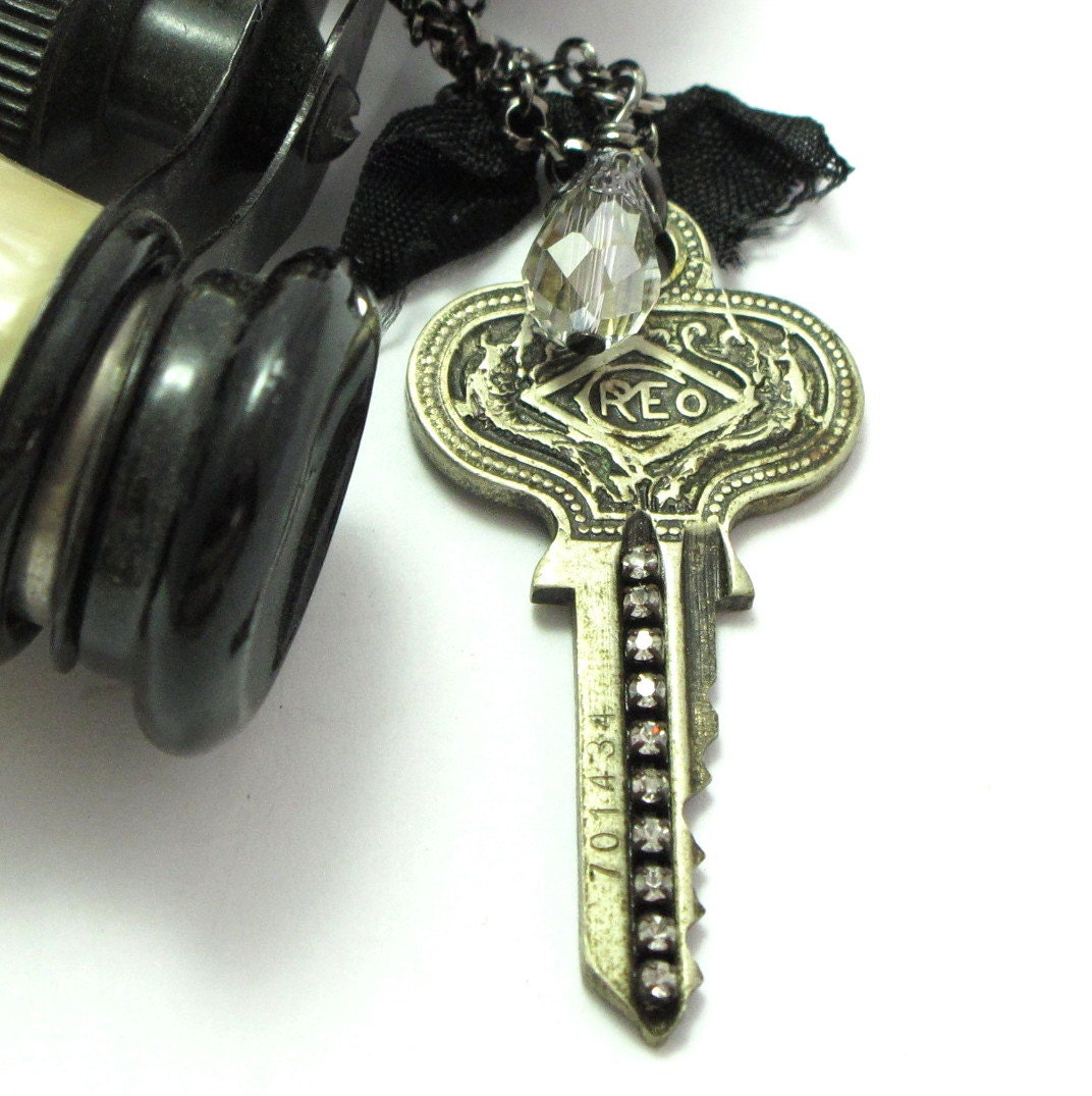 Vintage Key Necklace Steampunk OOAK Gunmetal Rhinestones Exclusive Design By Mystic Pieces