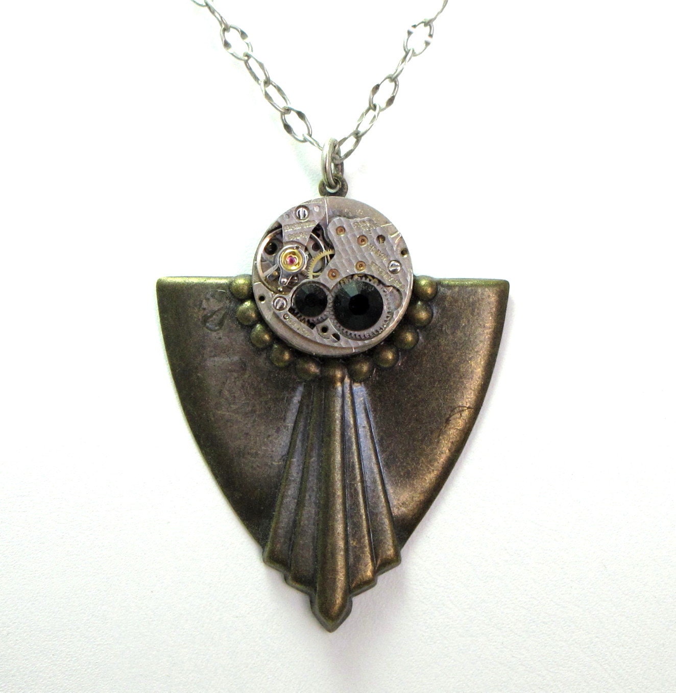 Steampunk Art Deco OOAK Necklace Vintage Watch Movement Black Swarovski Noir Designed By Mystic Pieces