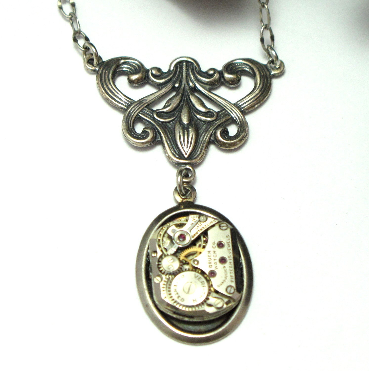 Sweet Steampunk Necklace Gruen 15 Jewels Vintage Watch Movement Art Nouveau Designed By Mystic Pieces