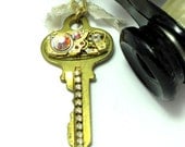 Golden Key Steampunk OOAK Necklace Vintage Bulova 17 Jewels Watch Movement Rhinestones Exclusive Design By Mystic Pieces
