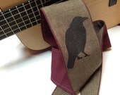 Vegan Guitar Strap- Solitary Crow Screen Printed Design- Featuring a rustic brown hemp and tencel woven blend- Vegan