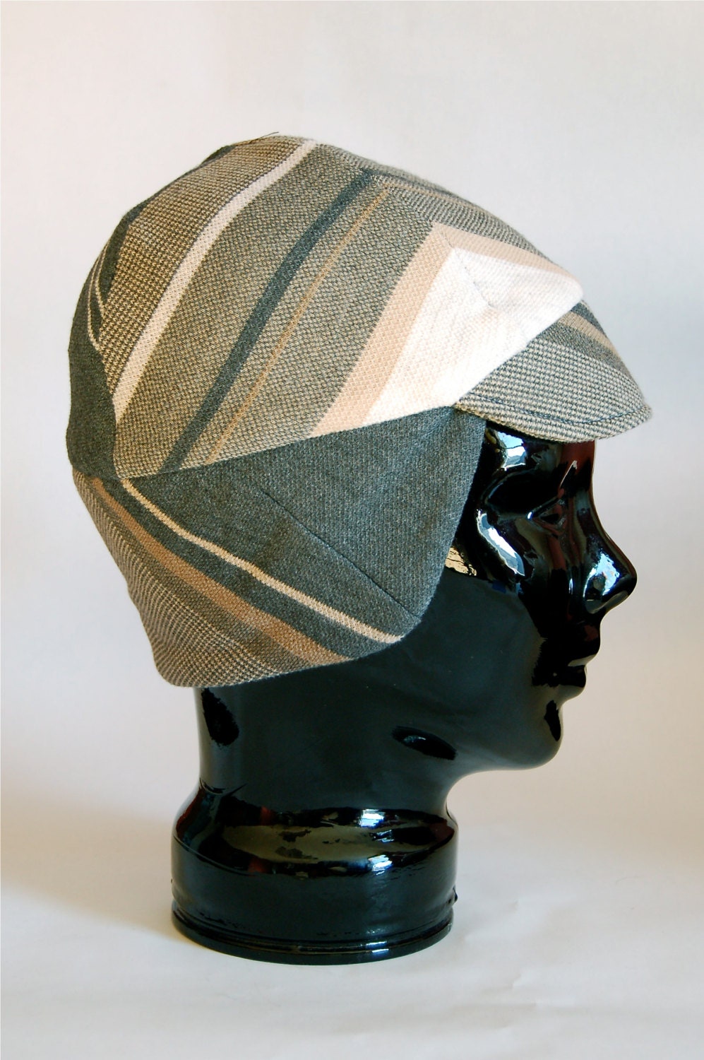 Winter Bike Hat (S) of Cozy Thick Sweatshirt in Tan and Gray Stripes