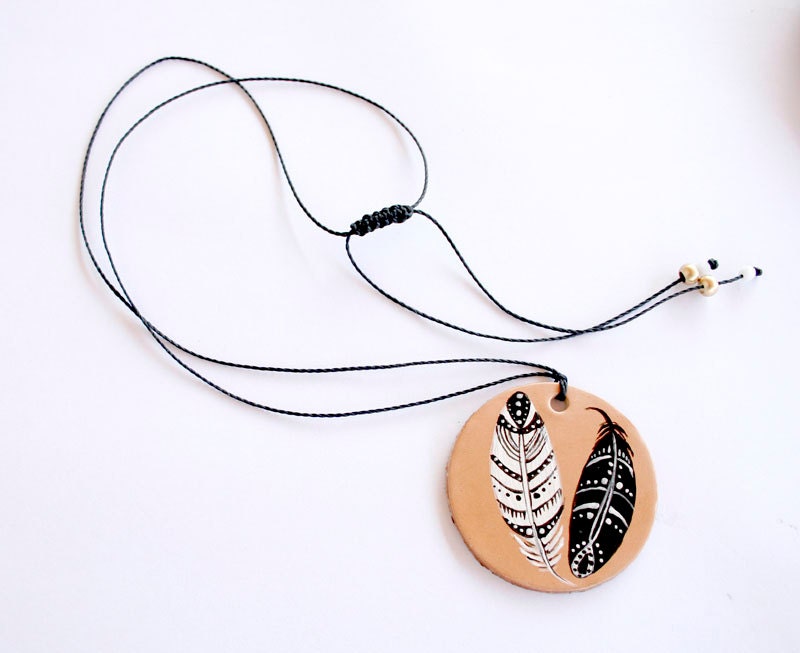 Hand painted leather pendant. Adjustable. Art pendant