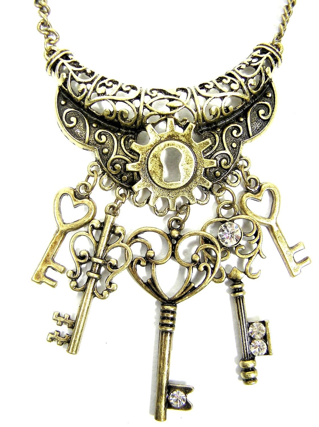TRASHGLAM STEAMPUNK glam antique gold skeleton key DIAMOND charm necklace