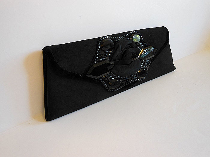 40s purse / Vintage 40's Jet Black Clutch Bag Purse