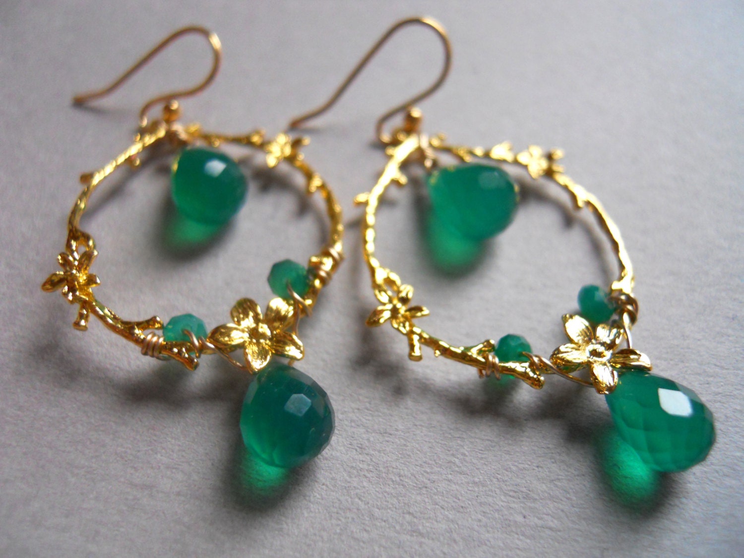 Emerald Elegance emerald green onyx flower leaf chandelier earrings