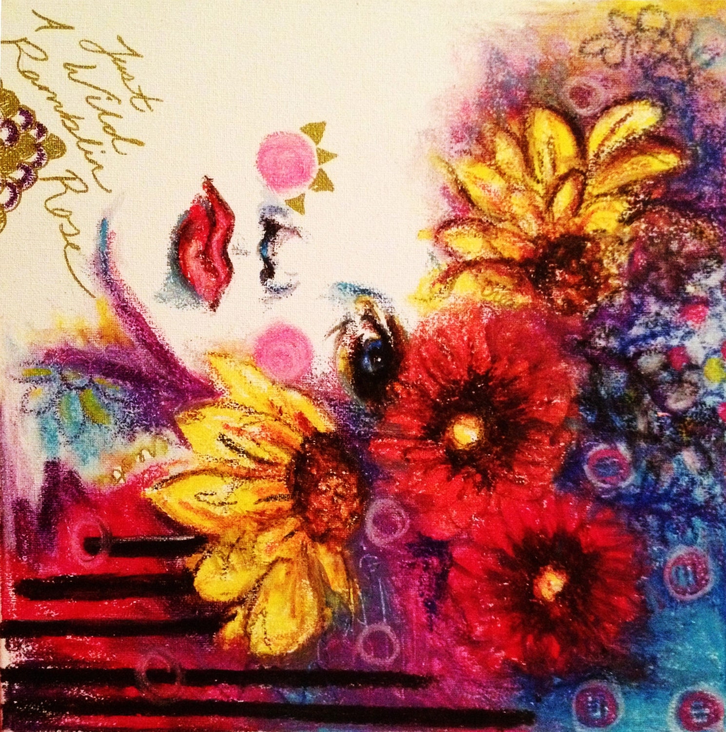 Wild Ramblin' Rose 12x12 PRINT of original Oil Pastel Canvas Drawing