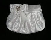 Pleated Clutch Evening Bag Purse Wedding WHITE Satin with White Satin Bow and Clear Crystal