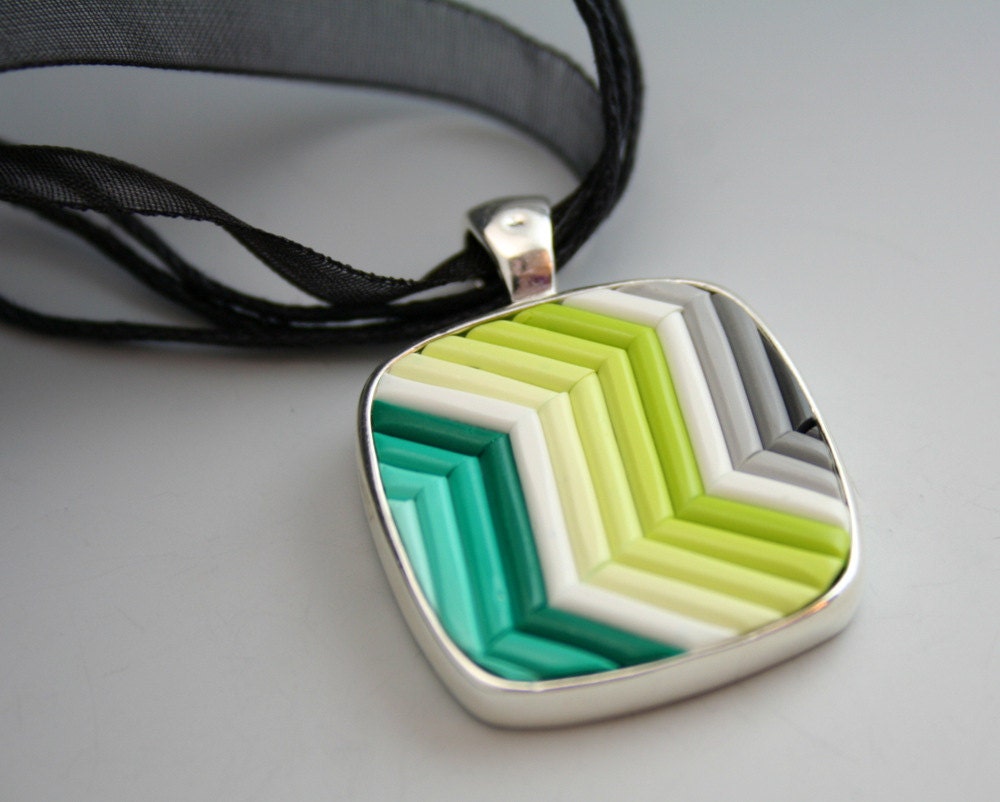 Zig Zag Pendant in Ombre Green, Gray Polymer Clay Filigree (Large Square)