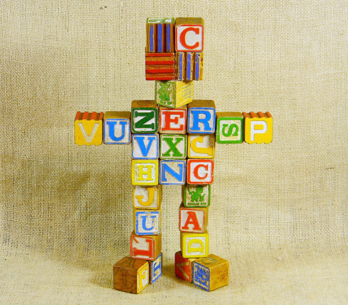 ALPHA - toy blocks robot sculpture - Reclaim2Fame - recycled vintage wood toy blocks