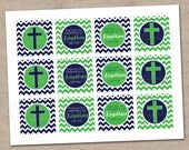 Cupcake Topper Printable PDF Navy Blue and Green Chevron Stripes Baptism or First Communion - INSTANT DOWNLOAD