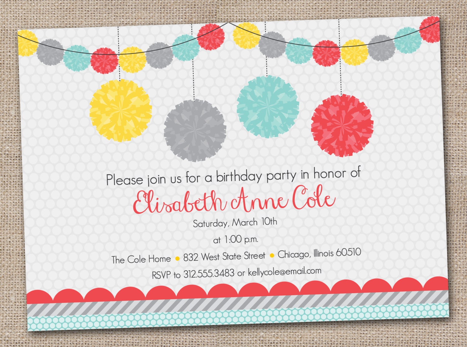 Printable Birthday Party Invitation Blue Red Gray and Yellow Party Poms and Polka Dots Digital File