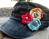 Pretty Posh Black Denim Distressed Military Cadet Hat with Pink, Blue, and Mint Flowers