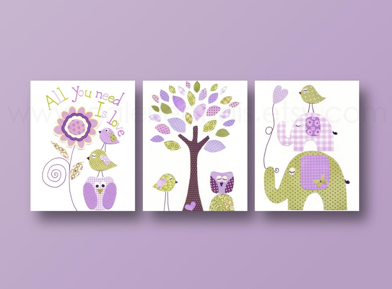 Nursery art, baby nursery decor, nursery wall art, bird, elephant, tree, all you need is love, owl, purple, Set of 3, 8 x 10 Prints