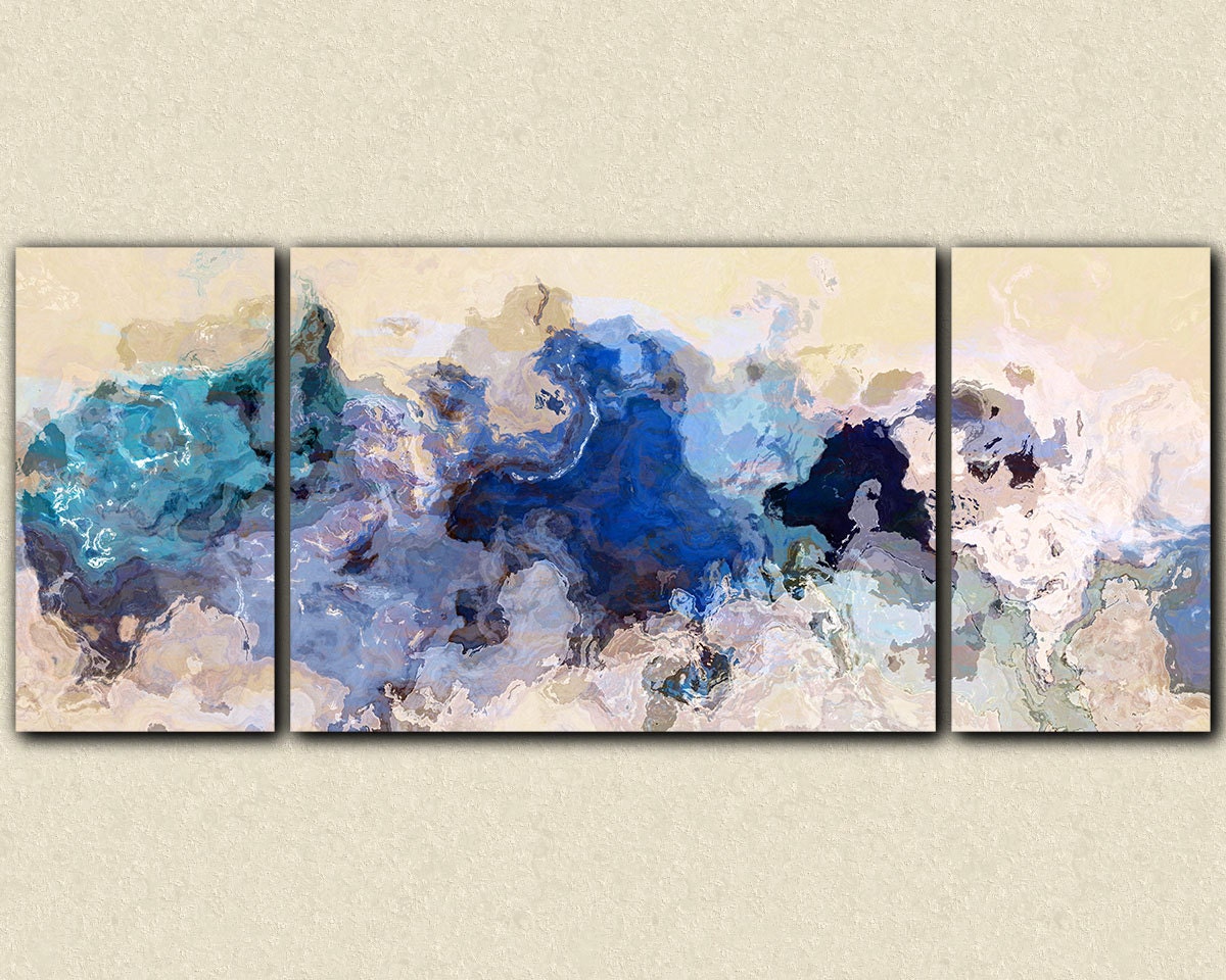 Large abstract expressionism triptych canvas print, 30x72 giclee in blue, from abstract painting "The Blues Sometimes"