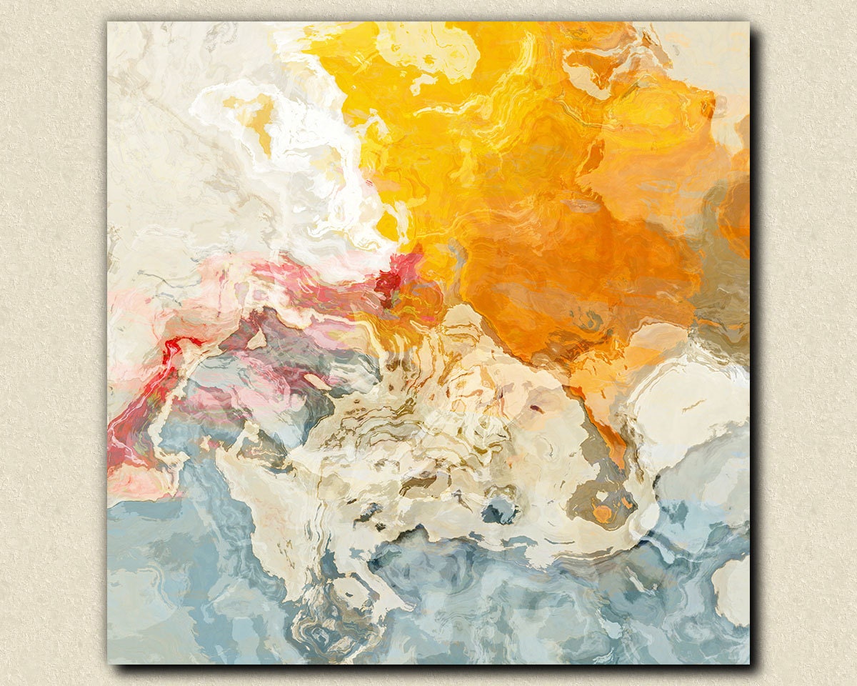 Abstract  art stretched canvas print, 30x30 in orange and white, from abstract painting "The Kiss"