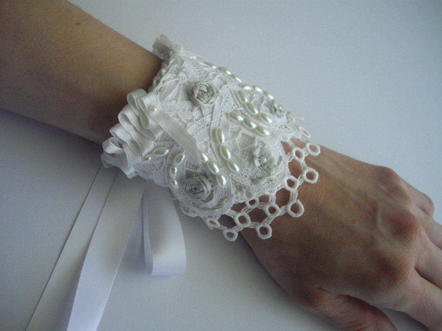 Victorian bridal cuff with ribbon embroidery and vintage lace handmade Victorian inspired