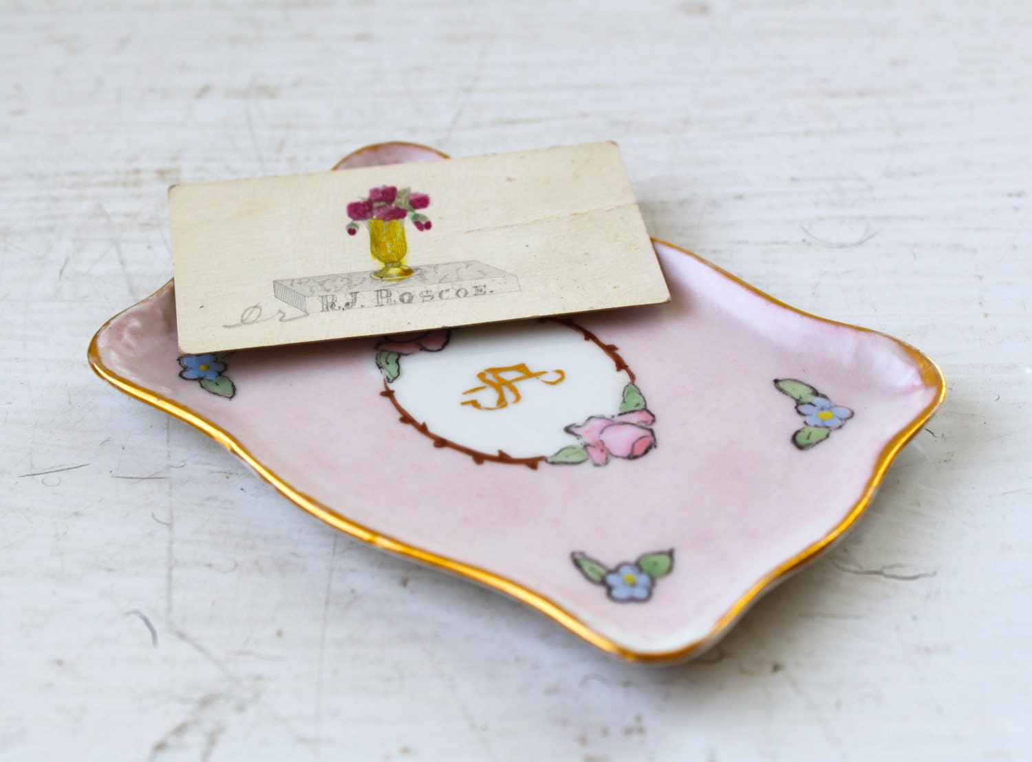 Sale / antique Victorian card dish. handpainted gilded porcelain calling card tray. O & EG Royal Austria  / the CANDY VIOLETS dish