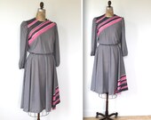 vintage 1980s secretary dress. Medium. Orchid pink, grey pinstripe blouson / graphic assymetrical retro day dress / the SALAD BAR frock