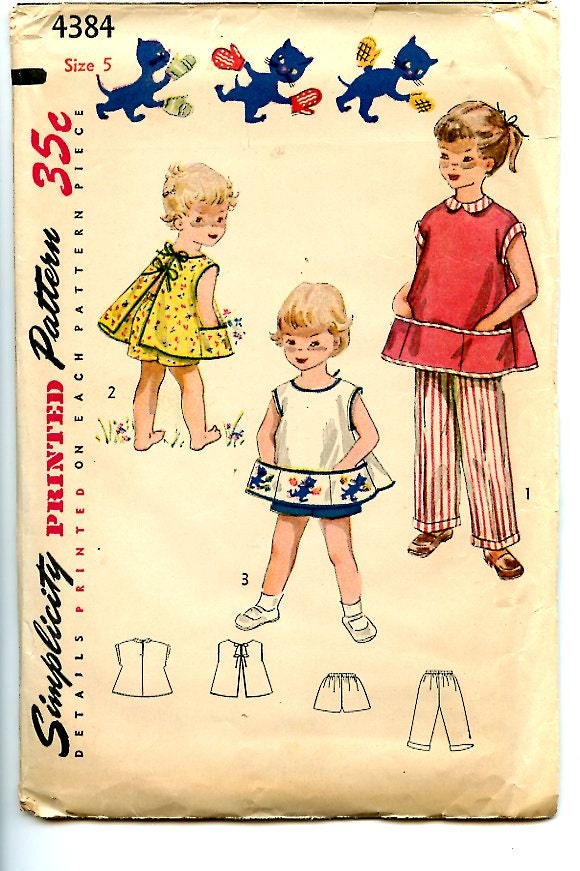 Simplicity 4384 Vintage 1950s Sewing Pattern Child's Apron, Shorts, Slacks Sz 5 Breast 23 1/2
