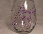 purple  birthday girl wine glassand Swarovski crystals, stemless