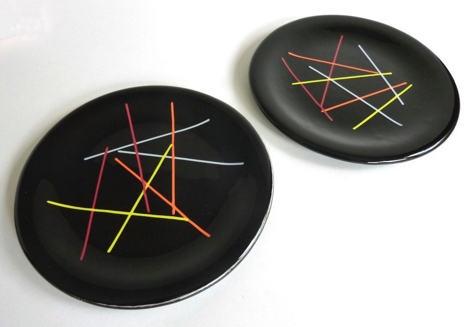 Pair of Black Fused Glass Dessert Plates or Salad Plates