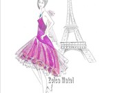 Paris fashion illustration, Eiffel tower illustration, fashion art, custom illustration, watercolor fuchsia dress, Paris red dress drawing