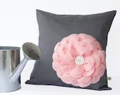 Pastel Pink Felt Flower PILLOW in Charcoal Gray Linen with White Button by JillianReneDecor Nursery Decor Floral Baby Shower Gift for Her