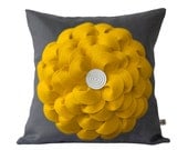 Large Yellow Felt Flower PILLOW COVER Charcoal Gray Linen with Wooden Button by JillianReneDecor - Spring Home Decor - Gift for Her