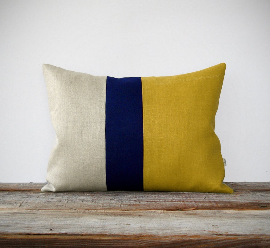 As seen in HGTV Magazine - Color Block Pillow in Mustard Yellow, Navy and Natural Linen by JillianReneDecor Modern Home Decor Honey Gold