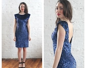 1980s cocktail dress / 80s blue sequin party dress / backless dress (s-m)
