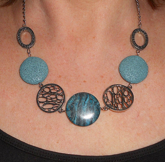 Blue agate necklace - silver bubble and blue agate chunky statement necklace, bohemian jewelry