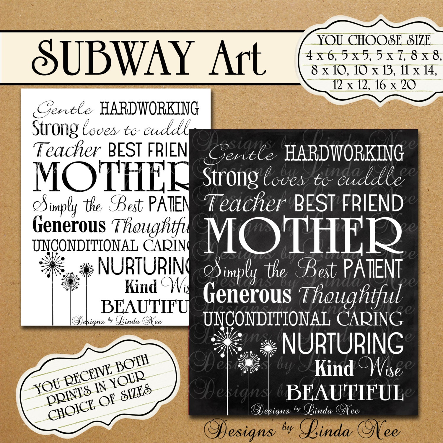 Printable MOTHER Chalkboard Typography - Subway Art Wall Printable - Choose one size - 4x6, 5x5, 5x7, 8x8, 8x10, 10x13, 11x14, 12x12, 16x20