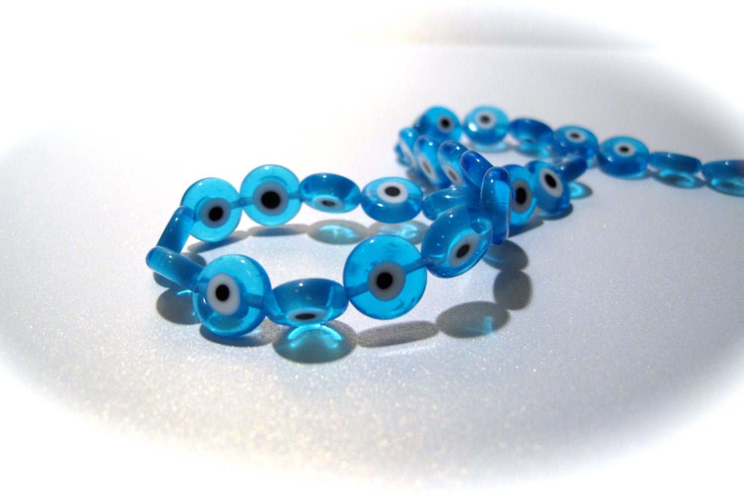 10mm Aqua Blue Round Flat Glass Evil Eye Beads-6 pieces in a bag